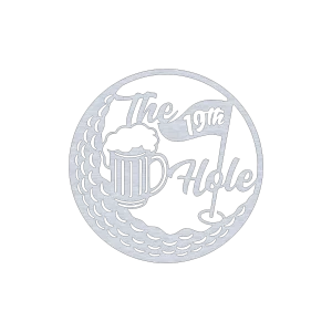 Circular aluminum wall sign with 'The 19th Hole' text, featuring a beer mug with foam and a golf flag. The border has a pattern resembling golf ball dimples, adding a sporty touch. The metallic finish complements recreational spaces.